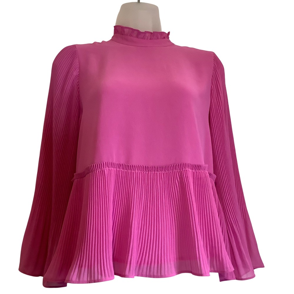 Ann Taylor Petite Pink Pleated Peplum Blouse Ruffle High Neck Long Sleeve SP